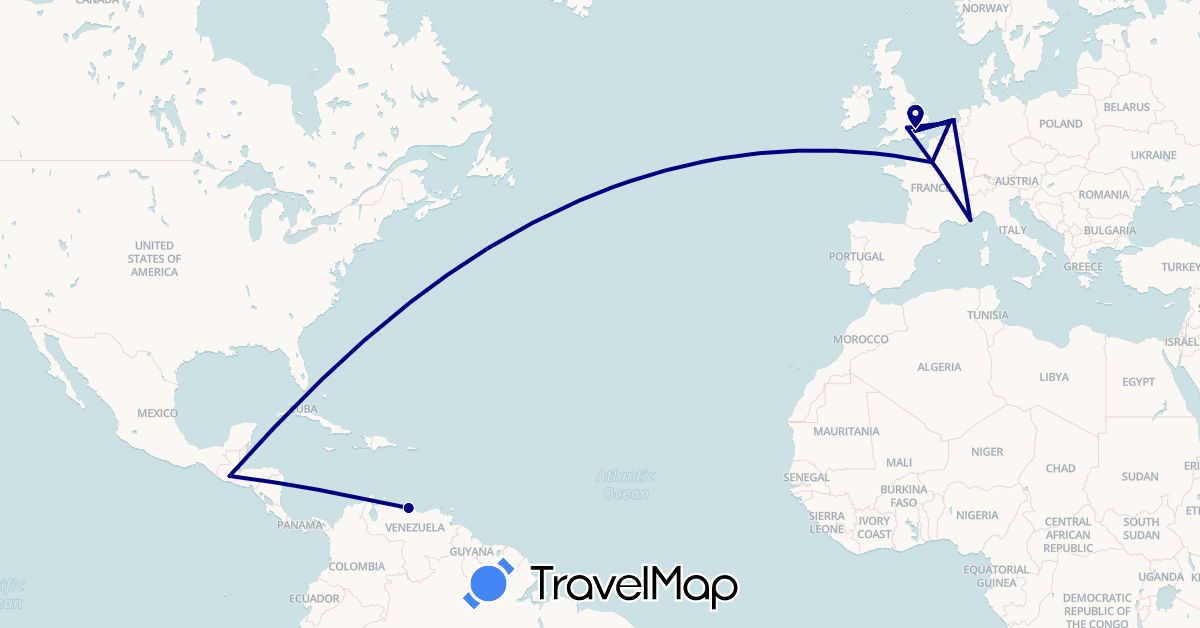 TravelMap itinerary: driving in France, United Kingdom, Guatemala, Netherlands, Venezuela (Europe, North America, South America)